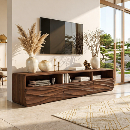 Modern Wave TV Console, Sculptural Entertainment Cabinet for Luxury Home Interiors