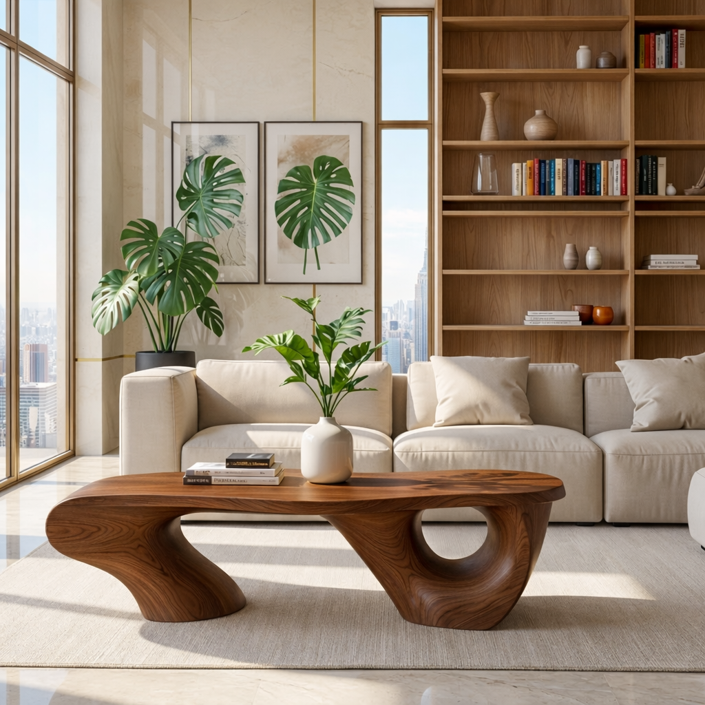 Organic Sculptural Coffee Table with Artistic Base, Modern Minimalist Living Room Table