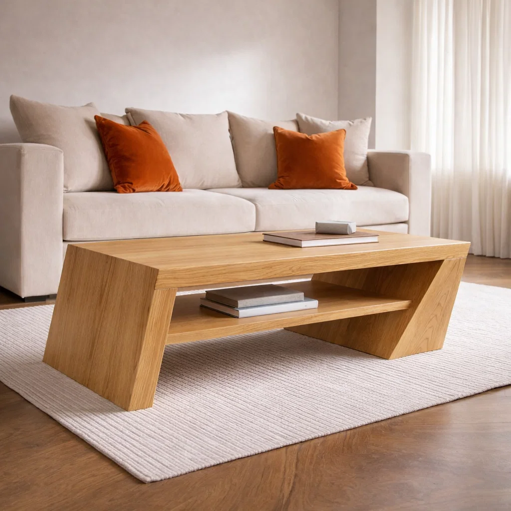 Solid Wood Coffee Table with Angled Legs and Modern Storage – Stylish Living Room Furniture