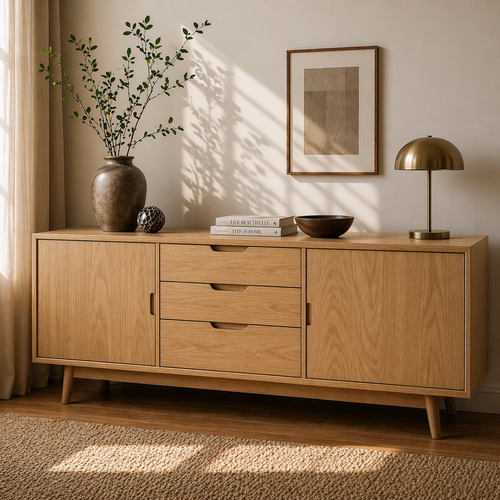Mid Century Solid Wood Sideboard Cabinet with Drawers & Doors Storage