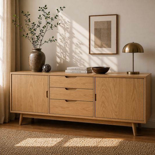 Mid Century Solid Wood Sideboard Cabinet with Drawers & Doors Storage