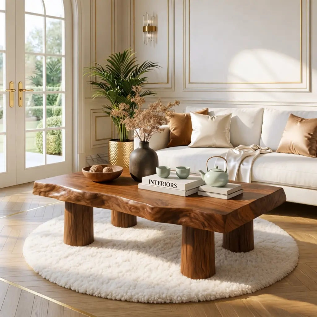 Handcrafted Wooden Coffee Table with Thick Pillar Legs and Natural Finish Kitchnce