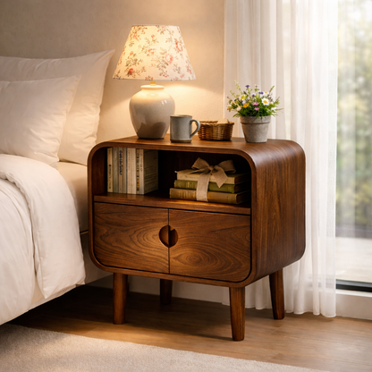 Solid Wood Nightstand with Cabinet Doors & Open Shelf – Modern Bedside Table