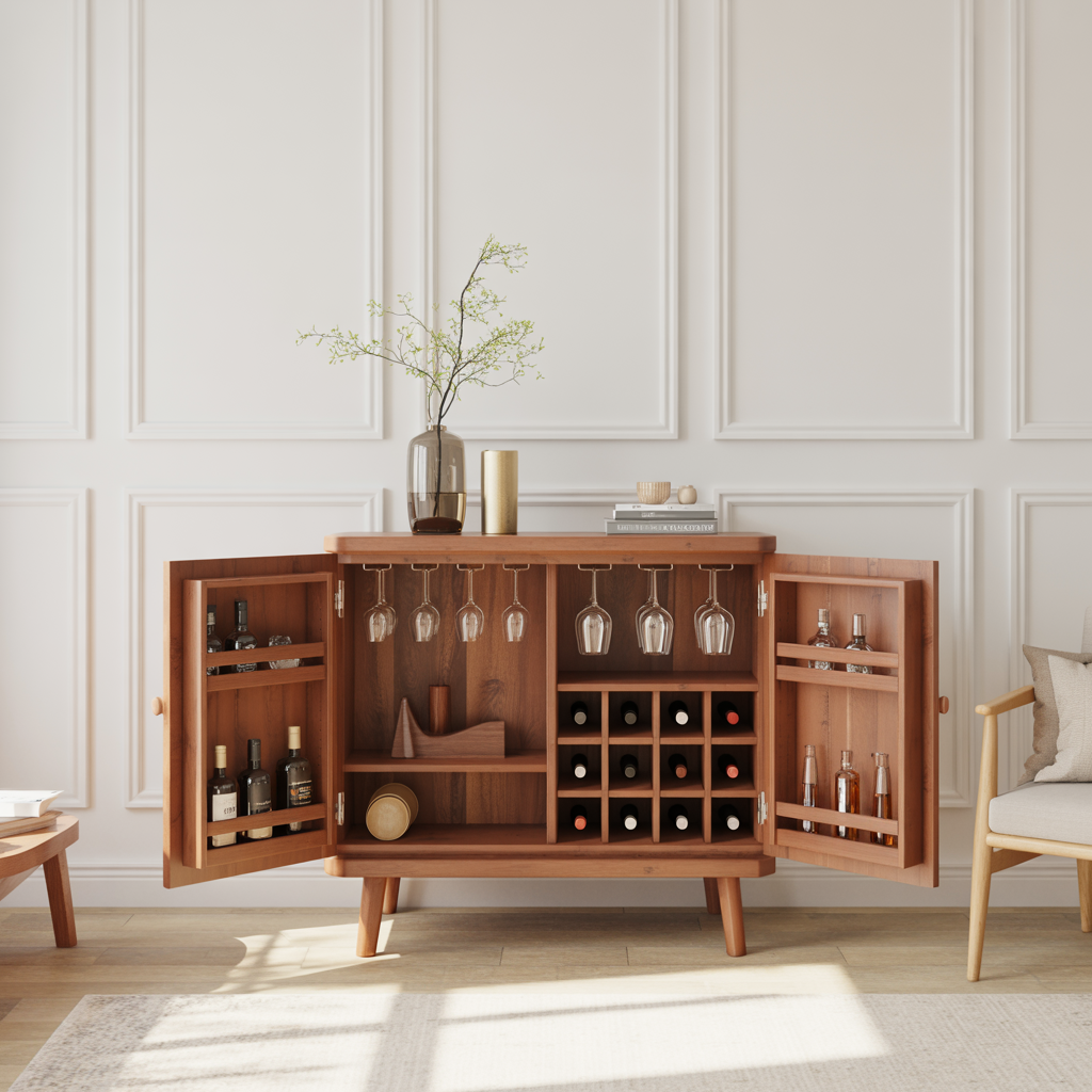 Handcrafted Solid Wood Wine Cabinet Mid Century Bar Sideboard with Glass Rack Storage