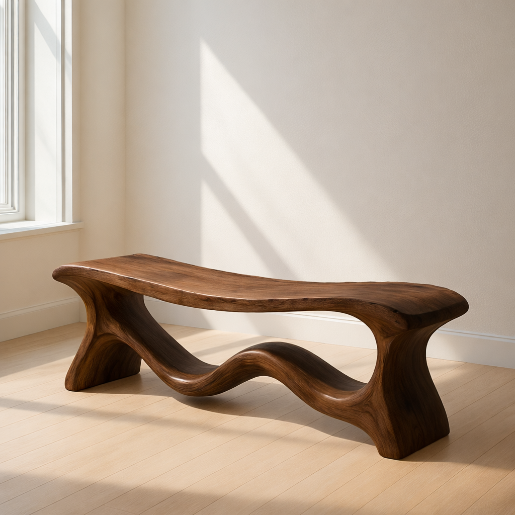 Modern Solid Wood Bench with Artistic Wave Base – Minimalist Wooden Bench Kitchnce