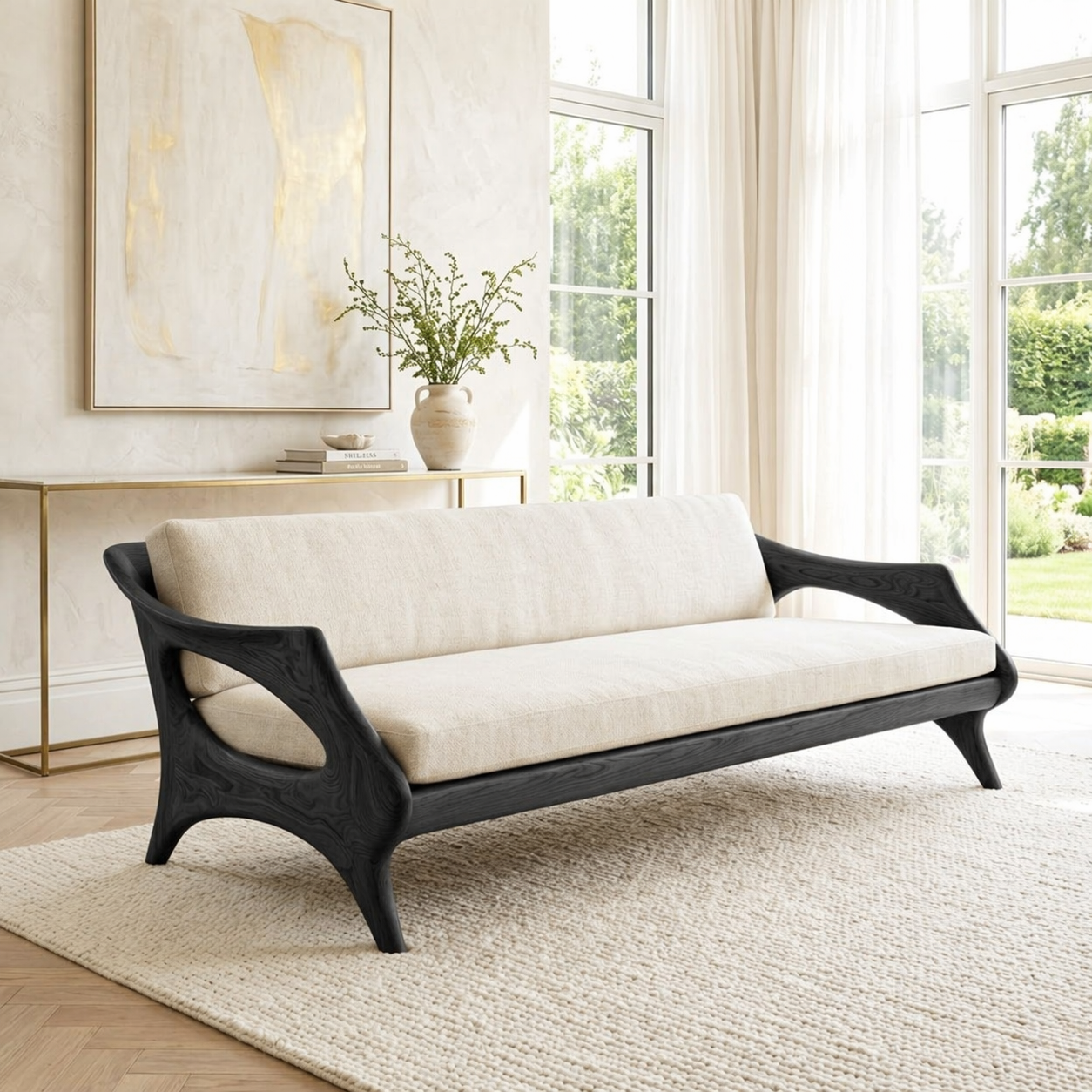 Elegant Curved Upholstered Sofa, Sculptural Accent Seating for Modern Interiors