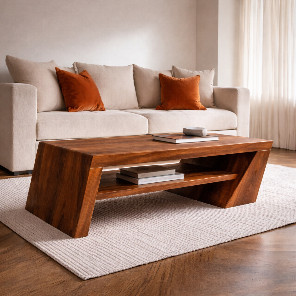 Solid Wood Coffee Table with Angled Legs and Modern Storage – Stylish Living Room Furniture