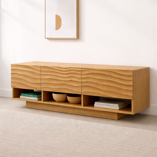 Modern Solid Wood Console Table, Minimalist Oak Media Console Cabinet with Storage Shelves Kitchnce