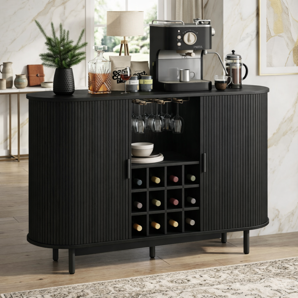 Contemporary Fluted Wooden Bar Cabinet, Coffee Station Sideboard with Wine Storage