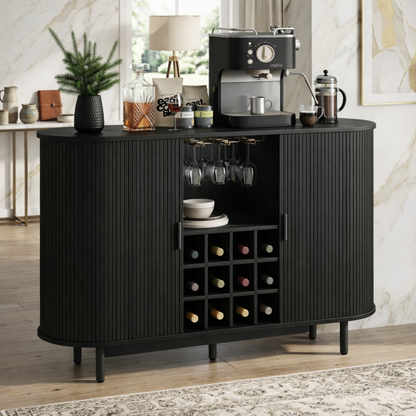 Contemporary Fluted Wooden Bar Cabinet, Coffee Station Sideboard with Wine Storage