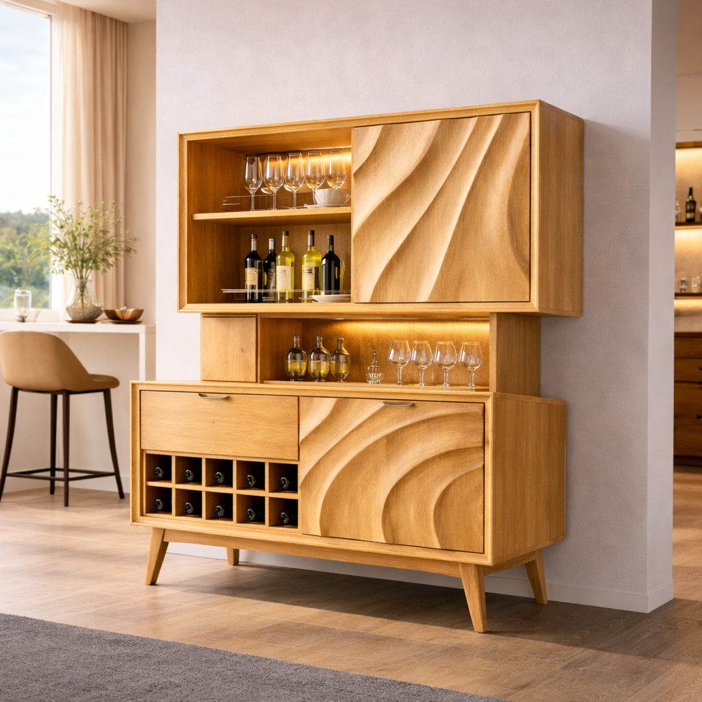 Solid Wood Bar Cabinet with Wine Rack & Sculpted Doors – Modern Mid Century Liquor Storage