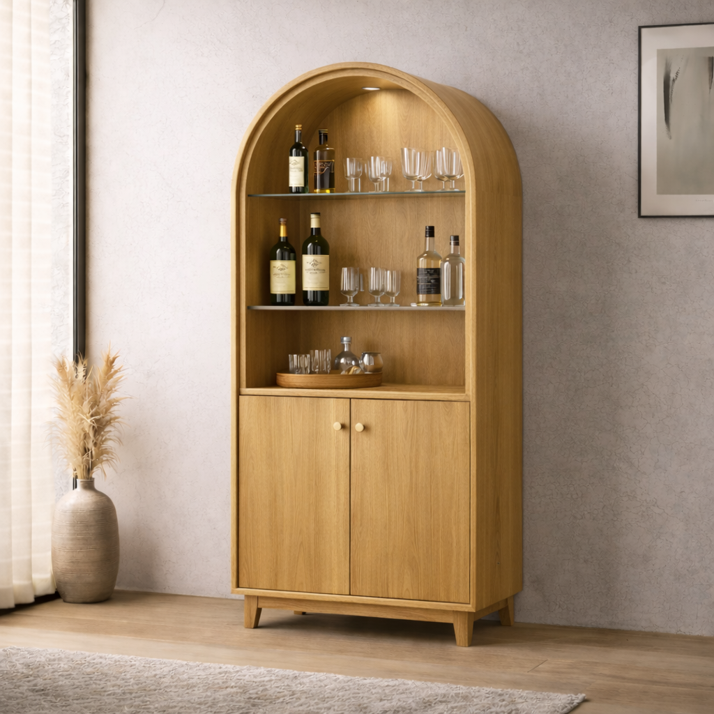 Solid Wood Arched Bar Cabinet with Glass Shelves – Mid-Century Modern Wine Storage