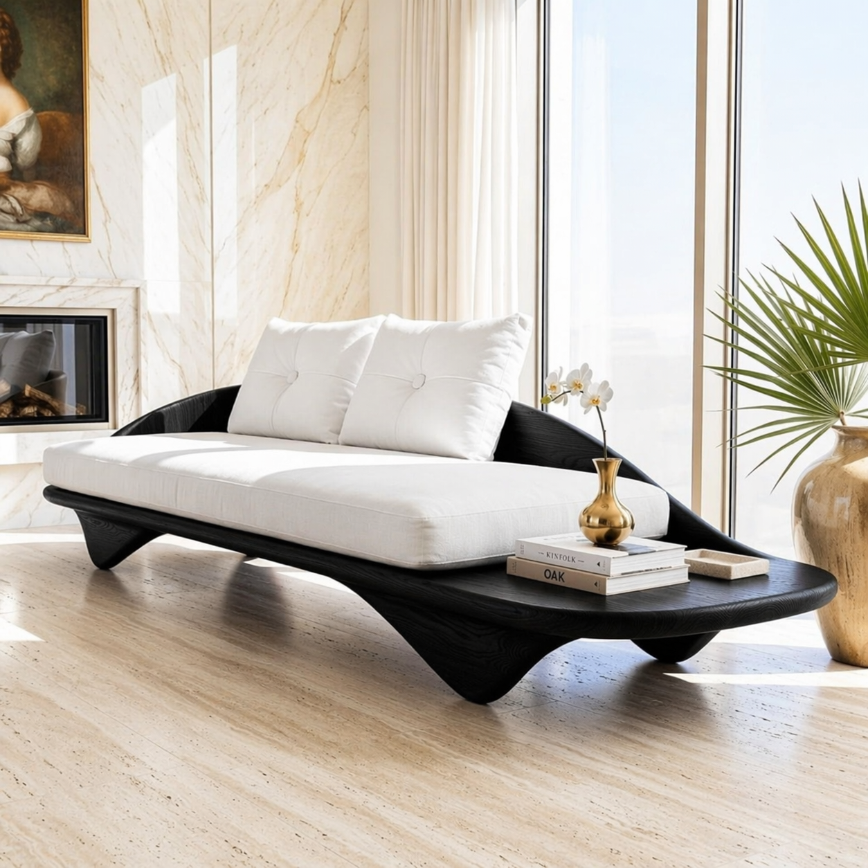 Contemporary Wooden Chaise Sofa, Minimalist Lounge Daybed with Integrated Platform