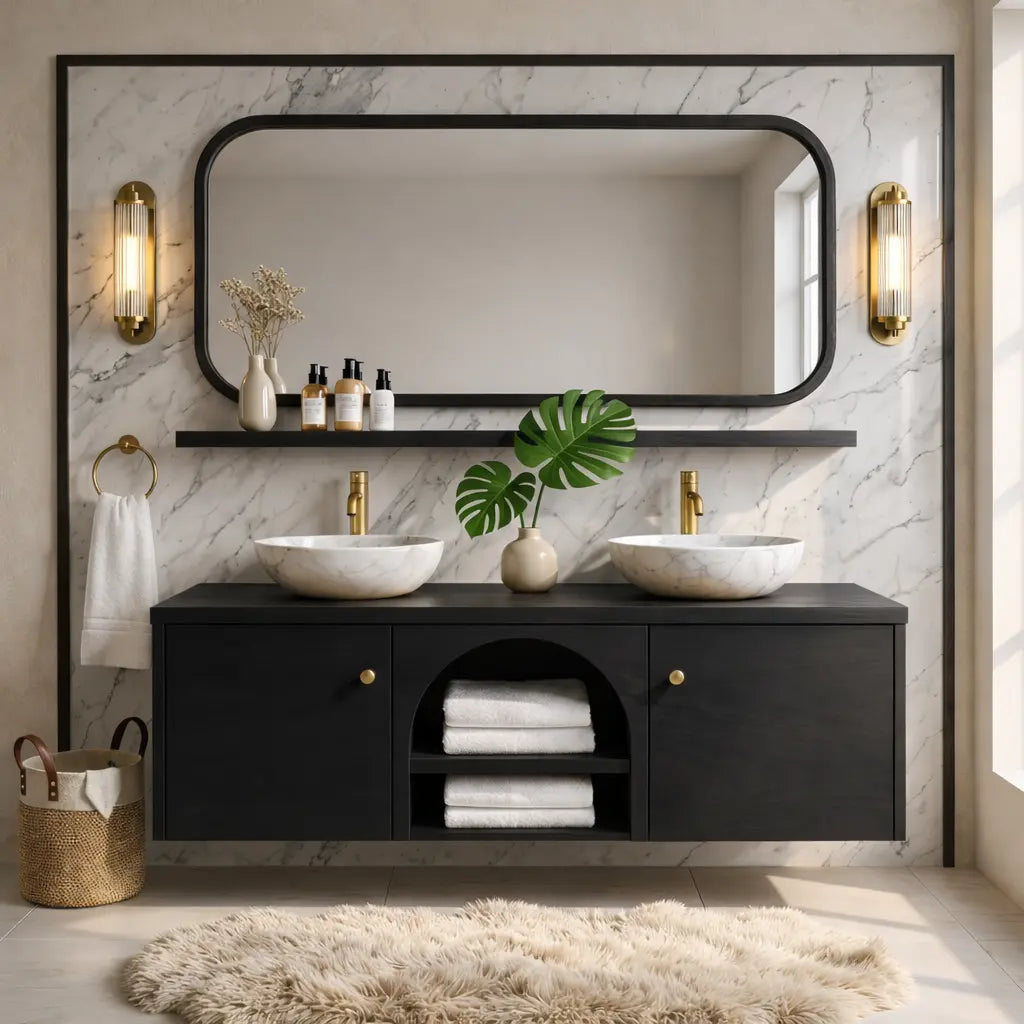 Double Sink Floating Vanity with Wooden Base and Elegant Gold Fixtures Kitchnce