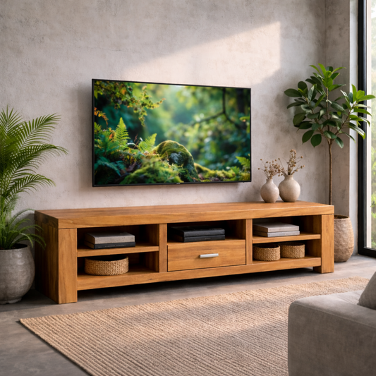 Solid Wood TV Stand with Open Shelves and Drawer – Modern Living Room Media Console Kitchnce