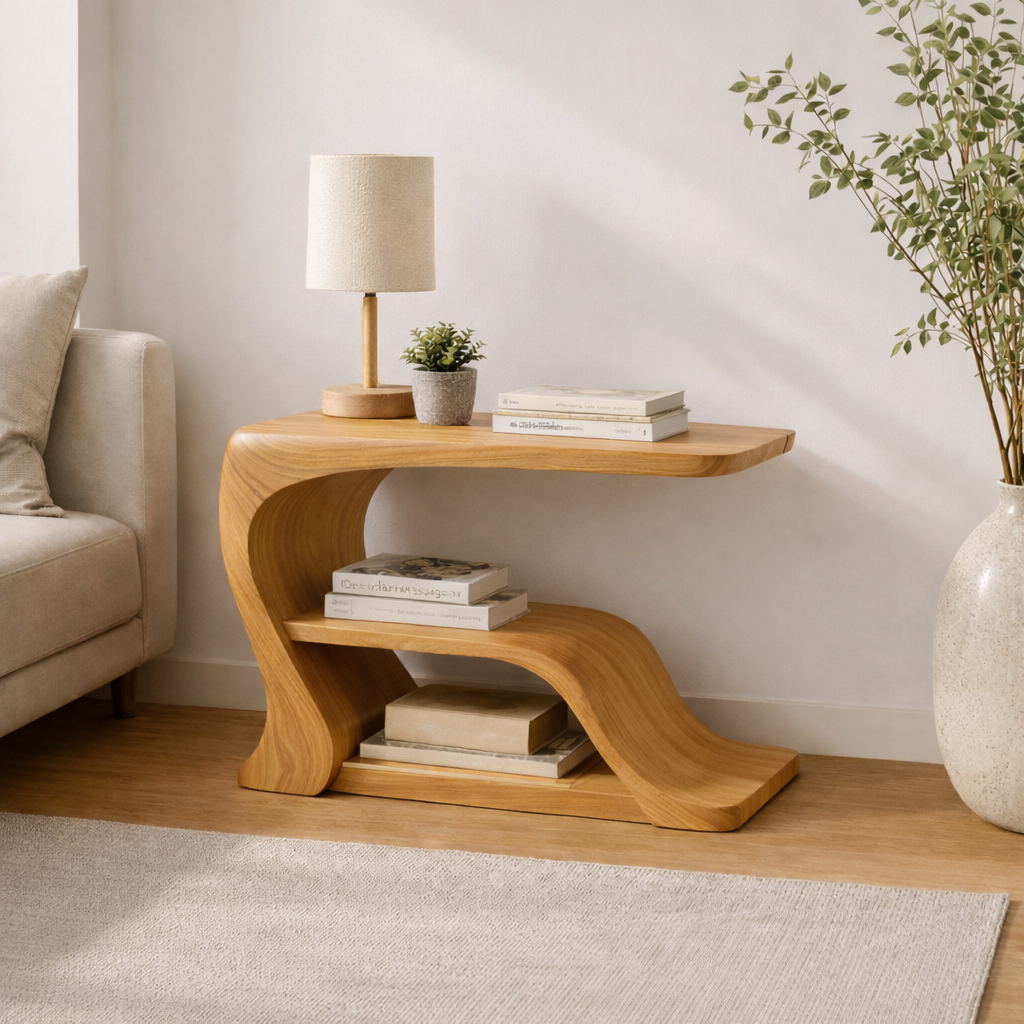 Solid Wood Curved End Table with Storage Shelf – Modern Sculptural Side Table for Living Room Kitchnce