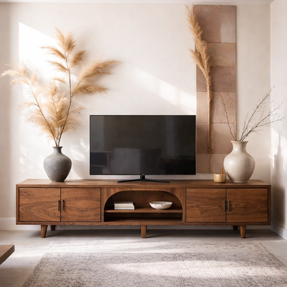 Solid Wood Media Console with Arched Shelf – Modern TV Stand with Storage