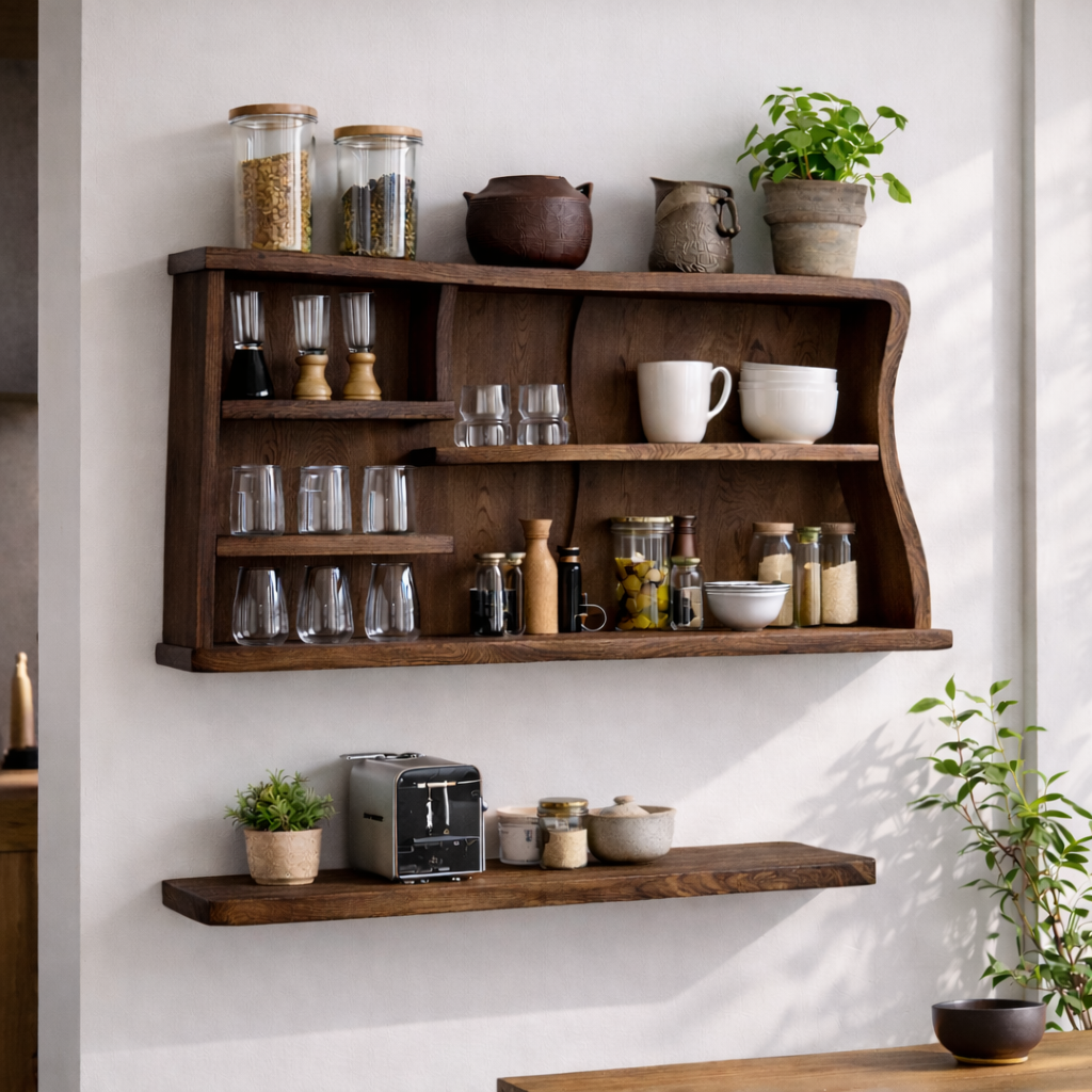 Solid Wood Kitchen Cabinet Shelf – Modern Wall Mounted Open Storage Rack