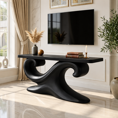 Solid Wood Console Table with Sculpted Curved Base, Artistic Modern Design