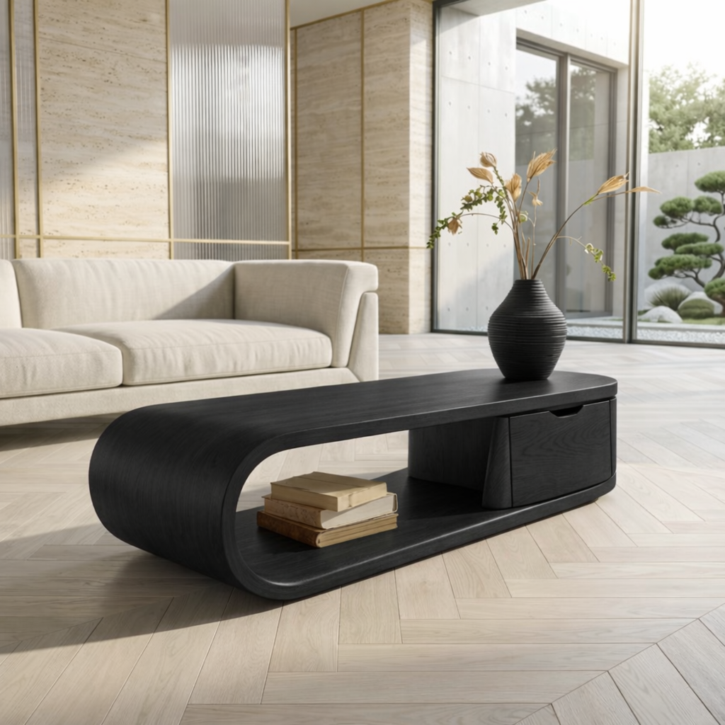 Modern Storage Coffee Table with Drawer and Open Shelf, Minimalist Living Room Table