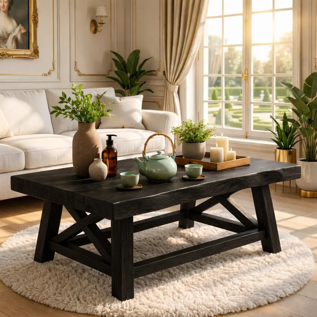 Handcrafted Wooden Coffee Table with X-Shaped Support, Natural Rustic Finish Kitchnce