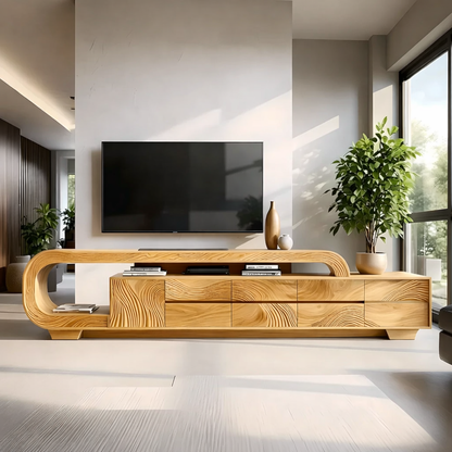 Solid Wood TV Stand Modern Walnut Media Console with Sculptural Curve Design