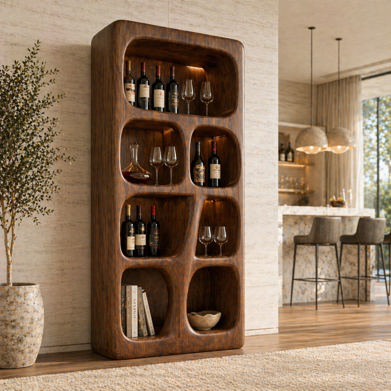 Sculptural Tall Wine Cabinet Freestanding Bar Display Shelves Modern Storage Unit