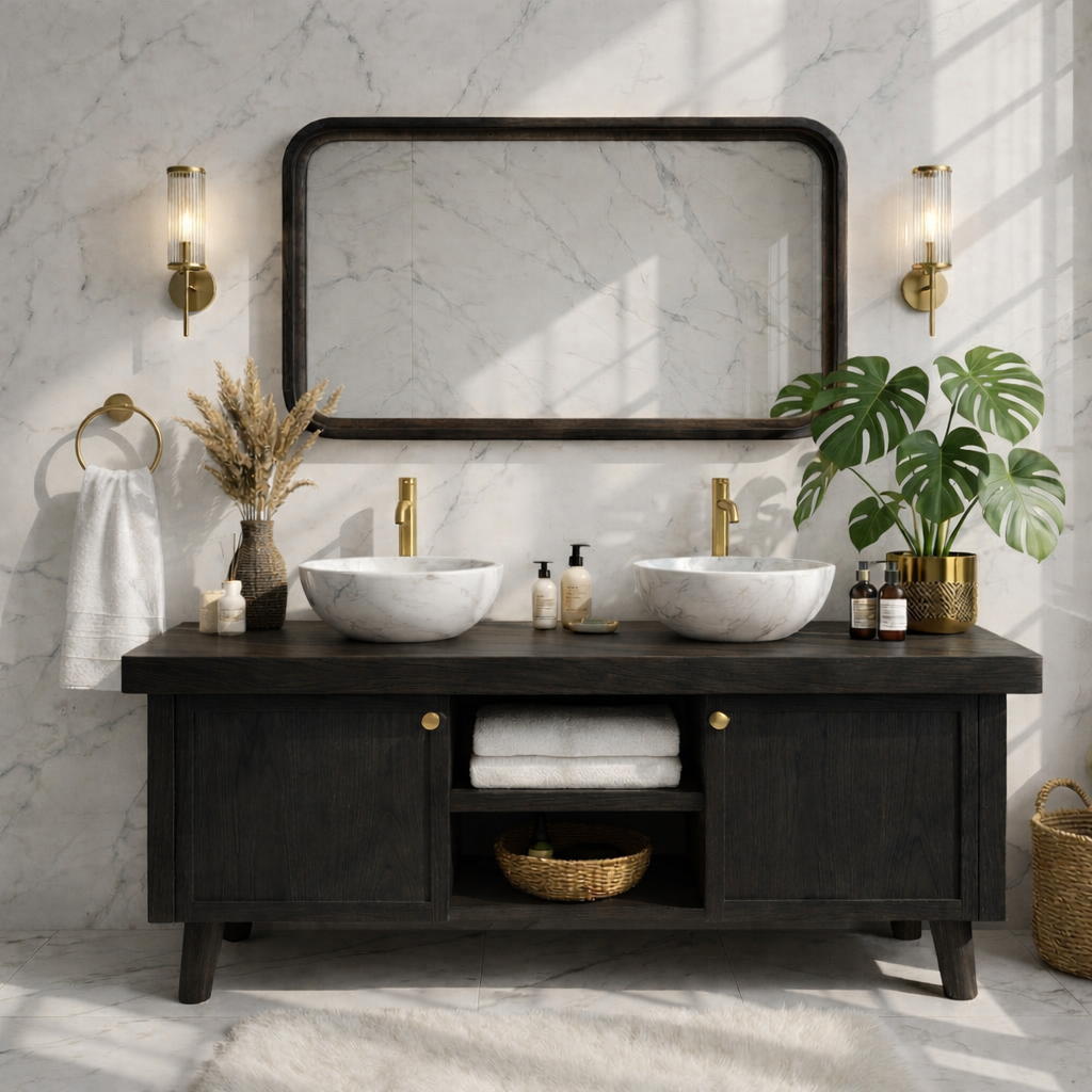 Stylish Wooden Double Sink Bathroom Vanity with Elegant Storage Kitchnce