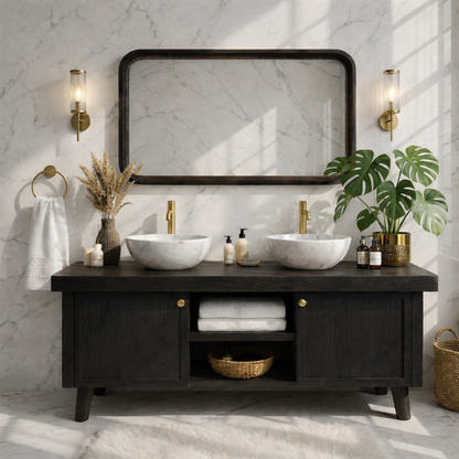 Stylish Wooden Double Sink Bathroom Vanity with Elegant Storage Kitchnce