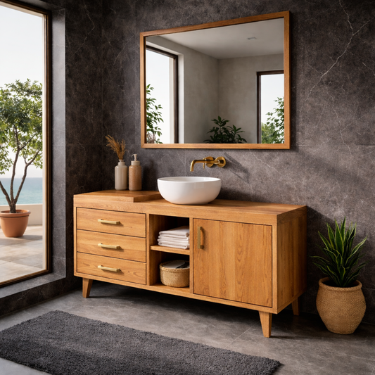 Solid Wood Bathroom Vanity Cabinet with Drawers & Shelf – Modern Walnut Bathroom Storage