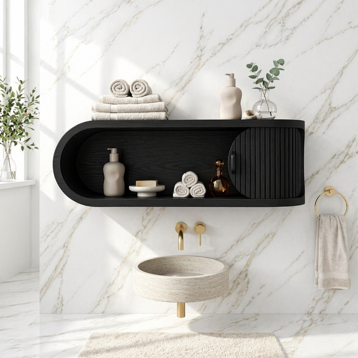 Floating Bathroom Cabinet, Modern Rounded Wall Mounted Vanity Storage Shelf Unit