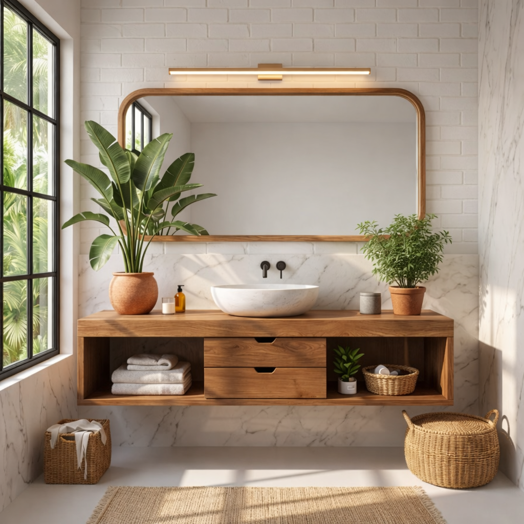 Sleek Oak Floating Vanity with Marble Sink and Ample Storage for Modern Bathrooms Kitchnce