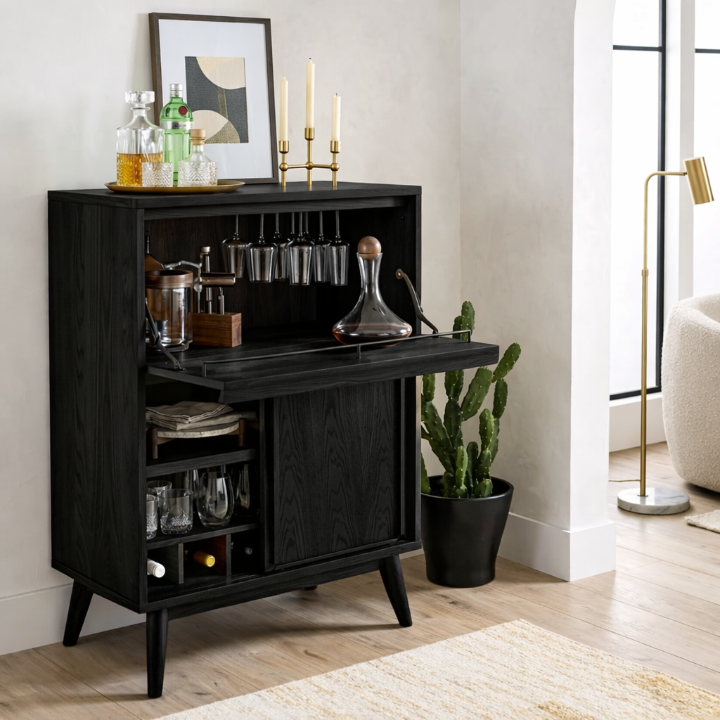 Contemporary Wooden Bar Cabinet, Entertaining Console with Glassware Storage Rack