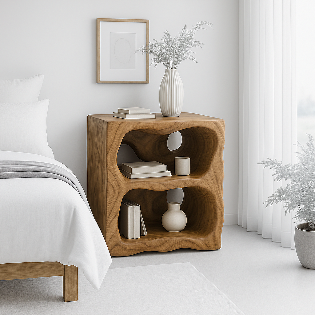 Handcrafted Solid Wood Nightstand – Organic Sculpted Bedside Table with Open Shelves Kitchnce