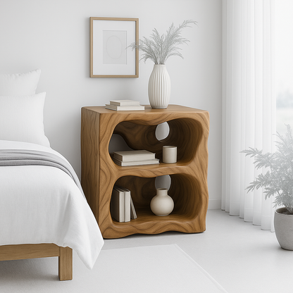 Handcrafted Solid Wood Nightstand – Organic Sculpted Bedside Table with Open Shelves Kitchnce