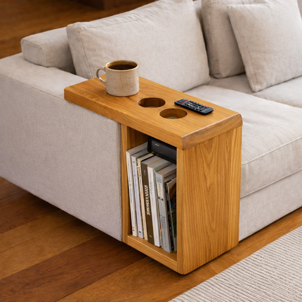 Solid Wood Sofa Armrest Table with Cup Holders – Couch Arm Tray with Storage Kitchnce