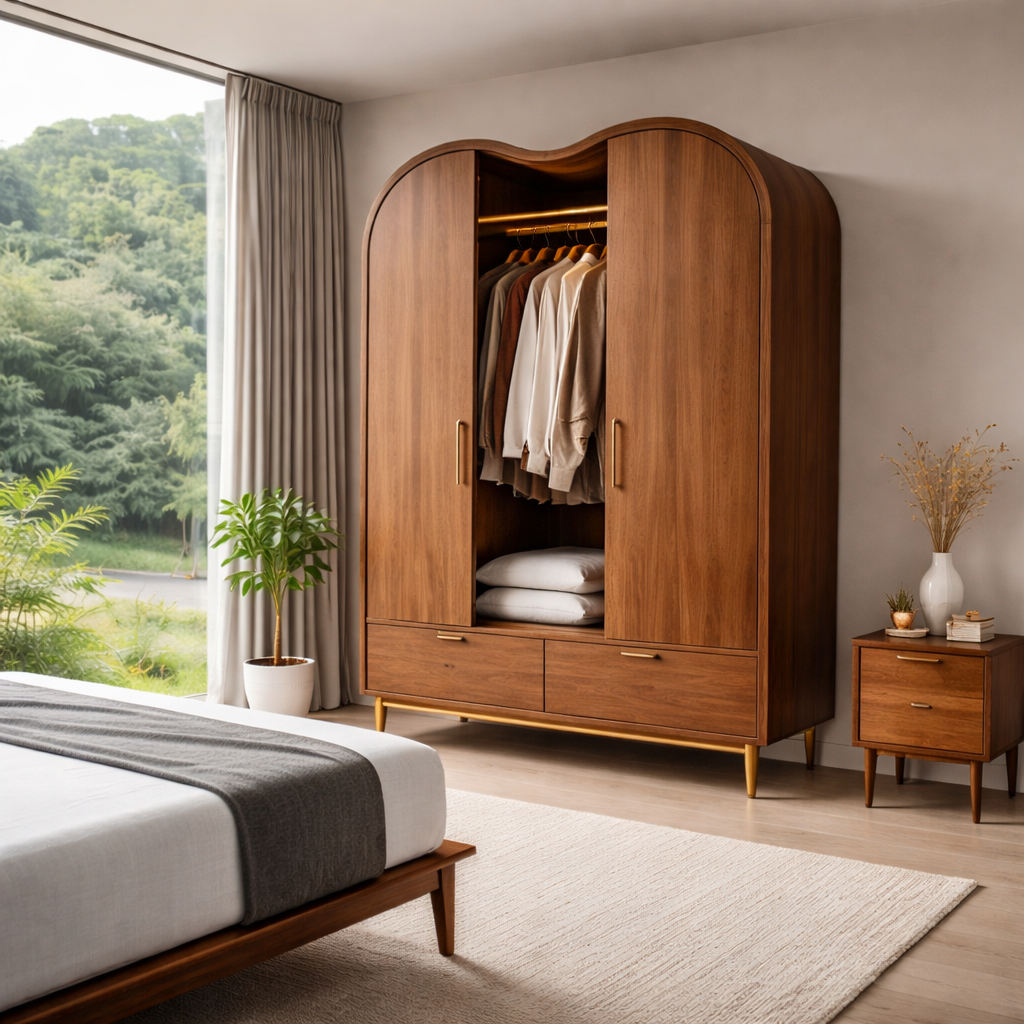 Solid Wood Wardrobe with Curved Top and Drawers – Modern Bedroom Closet