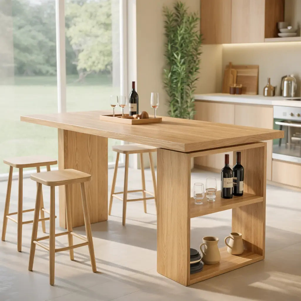Modern Dining Table with Built-In Storage Shelf and Bar Seating, Contemporary Kitchen Island Table Kitchnce