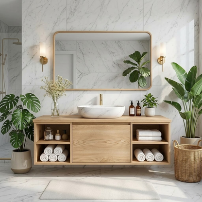 Floating Oak Vanity with Open Shelves and Minimalist Design, Modern Bathroom Furniture Kitchnce