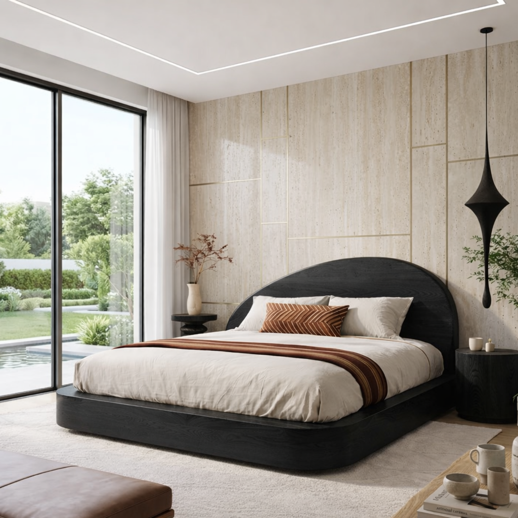 Modern Wooden Bed Frame with Curved Headboard and Platform Design Style