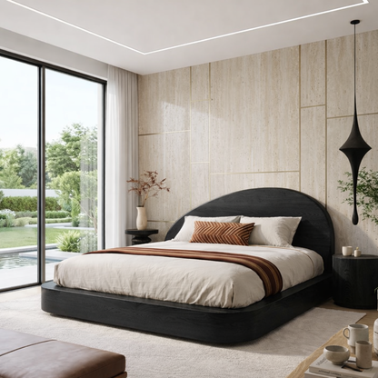 Modern Wooden Bed Frame with Curved Headboard and Platform Design Style