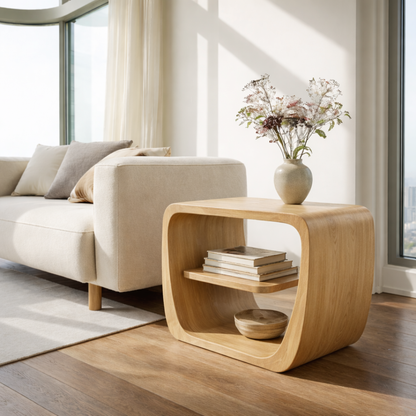 Modern Solid Wood End Table with Storage Shelf – Curved Wooden Side Table for Living Room Kitchnce