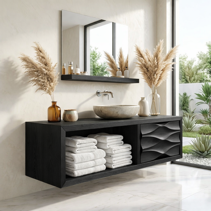 Modern Solid Wood Bathroom Vanity with Open Storage and Textured Drawer Front