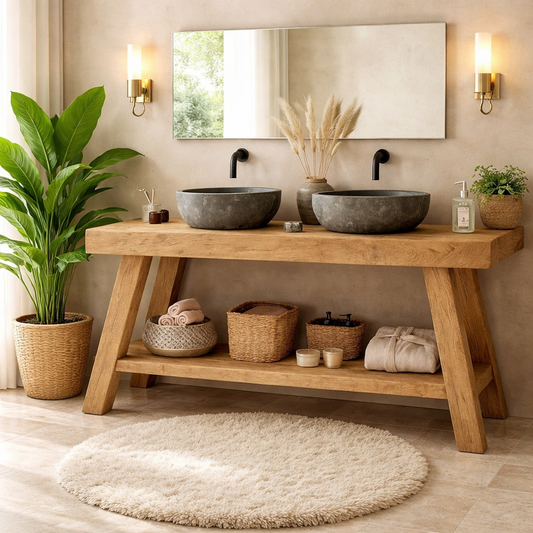Rustic Double Sink Bathroom Vanity with Shelves Wooden Vanity Base Kitchnce