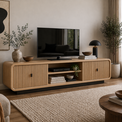 Modern Solid Wood TV Cabinet with Slatted Doors & Open Shelf Storage
