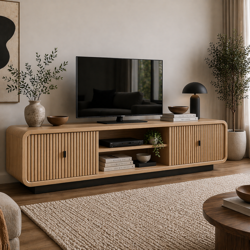 Modern Solid Wood TV Cabinet with Slatted Doors & Open Shelf Storage