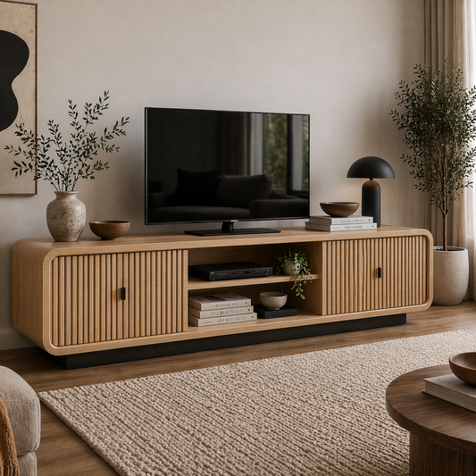 Modern Solid Wood TV Cabinet with Slatted Doors & Open Shelf Storage