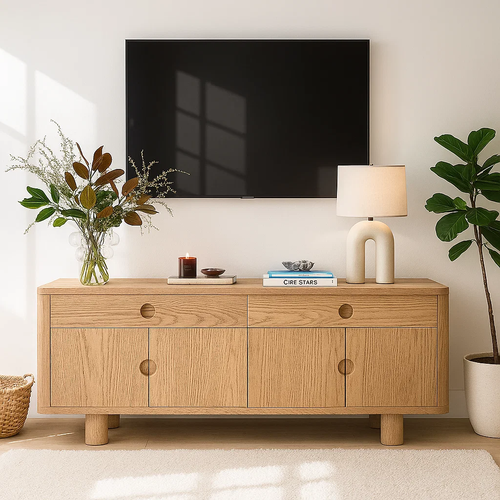 Handcrafted Solid Wood TV Stand – Japandi Style Media Console with Round Handle Design
