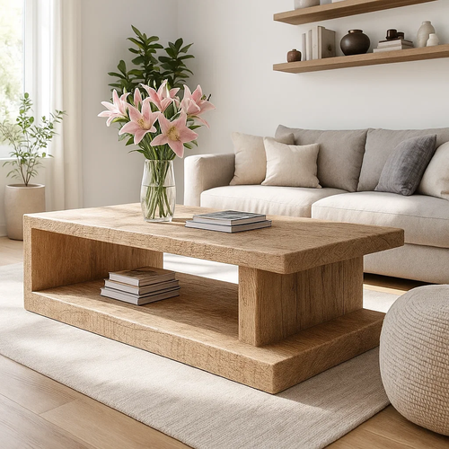 Handcrafted Solid Wood Coffee Table – Minimalist Design with Open Storage for Modern Living Kitchnce