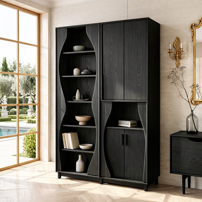 Modern Display Cabinet with Wavy Open Shelves and Tall Concealed Storage